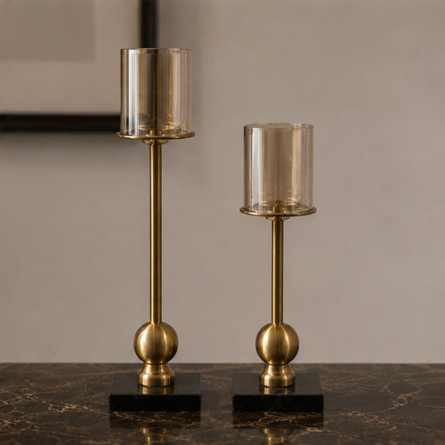 Brass & Black Marble Candle Holder Set